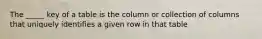 The _____ key of a table is the column or collection of columns that uniquely identifies a given row in that table