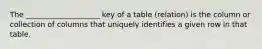 ​The ____________________ key of a table (relation) is the column or collection of columns that uniquely identifies a given row in that table.