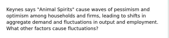 Keynes says "Animal Spirits" cause waves of pessimism and optimism among households and firms, leading to shifts in aggregate demand and fluctuations in output and employment. What other factors cause fluctuations?