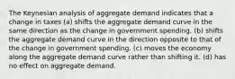 The Keynesian analysis of aggregate demand indicates that a change in taxes (a) shifts the aggregate demand curve in the same direction as the change in government spending. (b) shifts the aggregate demand curve in the direction opposite to that of the change in government spending. (c) moves the economy along the aggregate demand curve rather than shifting it. (d) has no effect on aggregate demand.