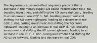 The Keynesian cause-and-effect sequence predicts that a decrease in the money supply will cause interest rates to: a. fall, boosting investment and shifting the AD curve rightward, leading to an increase in real GDP. b. fall, boosting investment and shifting the AD curve rightward, leading to a decrease in real GDP. c. rise, cutting investment and shifting the AD curve rightward, leading to an increase in real GDP. d. rise, boosting investment and shifting the AD curve rightwanl, leading to an increase in real GDP. e. rise, culling investment and shifting the AD curve leftward, leading to a decrease in real GDP.