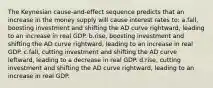 The Keynesian cause-and-effect sequence predicts that an increase in the money supply will cause interest rates to: a.fall, boosting investment and shifting the AD curve rightward, leading to an increase in real GDP. b.rise, boosting investment and shifting the AD curve rightward, leading to an increase in real GDP. c.fall, cutting investment and shifting the AD curve leftward, leading to a decrease in real GDP. d.rise, cutting investment and shifting the AD curve rightward, leading to an increase in real GDP.