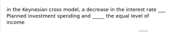 in the Keynesian cross model, a decrease in the interest rate ___ Planned investment spending and _____ the equal level of income