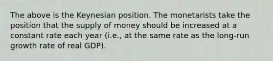 The above is the Keynesian position. The monetarists take the position that the supply of money should be increased at a constant rate each year (i.e., at the same rate as the long-run growth rate of real GDP).