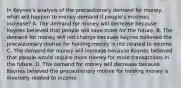 In​ Keynes's analysis of the precautionary demand for​ money, what will happen to money demand if​ people's incomes​ increase? A. The demand for money will decrease because Keynes believed that people will save more for the future. B. The demand for money will not change because Keynes believed the precautionary motive for holding money is not related to income. C. The demand for money will increase because Keynes believed that people would require more money for more transactions in the future. D. The demand for money will decrease because Keynes believed the precautionary motive for holding money is inversely related to income.