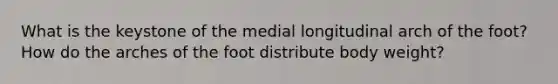 What is the keystone of the medial longitudinal arch of the foot? How do the arches of the foot distribute body weight?
