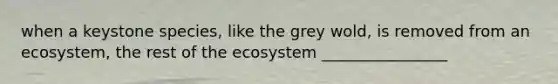 when a keystone species, like the grey wold, is removed from an ecosystem, the rest of the ecosystem ________________