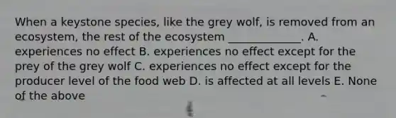 When a keystone species, like the grey wolf, is removed from an ecosystem, the rest of <a href='https://www.questionai.com/knowledge/k49x5J3j3W-the-ecosystem' class='anchor-knowledge'>the ecosystem</a> _____________. A. experiences no effect B. experiences no effect except for the prey of the grey wolf C. experiences no effect except for the producer level of the food web D. is affected at all levels E. None of the above