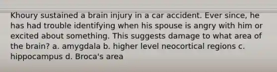 Khoury sustained a brain injury in a car accident. Ever since, he has had trouble identifying when his spouse is angry with him or excited about something. This suggests damage to what area of the brain? a. amygdala b. higher level neocortical regions c. hippocampus d. Broca's area