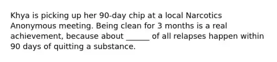 Khya is picking up her 90-day chip at a local Narcotics Anonymous meeting. Being clean for 3 months is a real achievement, because about ______ of all relapses happen within 90 days of quitting a substance.