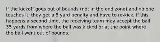 If the kickoff goes out of bounds (not in the end zone) and no one touches it, they get a 5 yard penalty and have to re-kick. If this happens a second time, the receiving team may accept the ball 35 yards from where the ball was kicked or at the point where the ball went out of bounds.