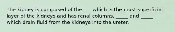 The kidney is composed of the ___ which is the most superficial layer of the kidneys and has renal columns, _____ and _____ which drain fluid from the kidneys into the ureter.