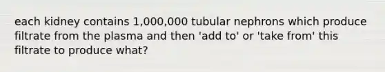 each kidney contains 1,000,000 tubular nephrons which produce filtrate from the plasma and then 'add to' or 'take from' this filtrate to produce what?