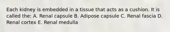 Each kidney is embedded in a tissue that acts as a cushion. It is called the: A. Renal capsule B. Adipose capsule C. Renal fascia D. Renal cortex E. Renal medulla