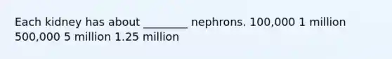 Each kidney has about ________ nephrons. 100,000 1 million 500,000 5 million 1.25 million