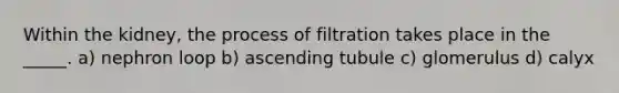 Within the kidney, the process of filtration takes place in the _____. a) nephron loop b) ascending tubule c) glomerulus d) calyx