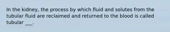 In the kidney, the process by which fluid and solutes from the tubular fluid are reclaimed and returned to the blood is called tubular ___.