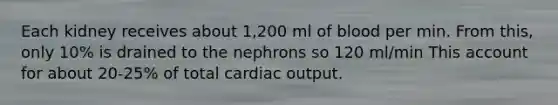 Each kidney receives about 1,200 ml of blood per min. From this, only 10% is drained to the nephrons so 120 ml/min This account for about 20-25% of total <a href='https://www.questionai.com/knowledge/kyxUJGvw35-cardiac-output' class='anchor-knowledge'>cardiac output</a>.