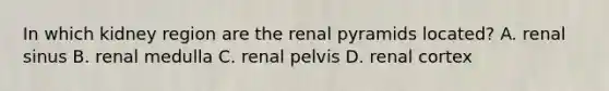 In which kidney region are the renal pyramids located? A. renal sinus B. renal medulla C. renal pelvis D. renal cortex