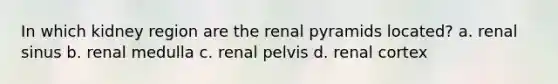 In which kidney region are the renal pyramids located? a. renal sinus b. renal medulla c. renal pelvis d. renal cortex