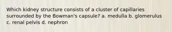 Which kidney structure consists of a cluster of capillaries surrounded by the Bowman's capsule? a. medulla b. glomerulus c. renal pelvis d. nephron