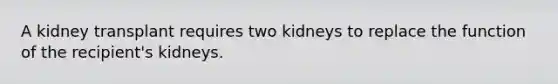 A kidney transplant requires two kidneys to replace the function of the recipient's kidneys.