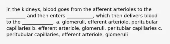 in the kidneys, blood goes from the afferent arterioles to the ________ and then enters ___________, which then delivers blood to the _____________. a. glomeruli, efferent arteriole, peritubular capillaries b. efferent arteriole, glomeruli, peritublar capillaries c. peritubular capillaries, efferent arteriole, glomeruli