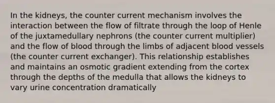 In the kidneys, the counter current mechanism involves the interaction between the flow of filtrate through the loop of Henle of the juxtamedullary nephrons (the counter current multiplier) and the flow of blood through the limbs of adjacent <a href='https://www.questionai.com/knowledge/kZJ3mNKN7P-blood-vessels' class='anchor-knowledge'>blood vessels</a> (the counter current exchanger). This relationship establishes and maintains an osmotic gradient extending from the cortex through the depths of the medulla that allows the kidneys to vary urine concentration dramatically