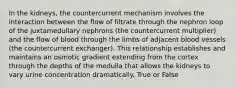 In the kidneys, the countercurrent mechanism involves the interaction between the flow of filtrate through the nephron loop of the juxtamedullary nephrons (the countercurrent multiplier) and the flow of blood through the limbs of adjacent blood vessels (the countercurrent exchanger). This relationship establishes and maintains an osmotic gradient extending from the cortex through the depths of the medulla that allows the kidneys to vary urine concentration dramatically. True or False