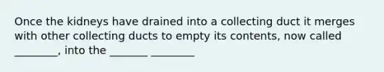 Once the kidneys have drained into a collecting duct it merges with other collecting ducts to empty its contents, now called ________, into the _______ ________