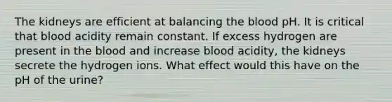 The kidneys are efficient at balancing the blood pH. It is critical that blood acidity remain constant. If excess hydrogen are present in the blood and increase blood acidity, the kidneys secrete the hydrogen ions. What effect would this have on the pH of the urine?