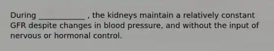 During ____________ , the kidneys maintain a relatively constant GFR despite changes in <a href='https://www.questionai.com/knowledge/kD0HacyPBr-blood-pressure' class='anchor-knowledge'>blood pressure</a>, and without the input of nervous or hormonal control.