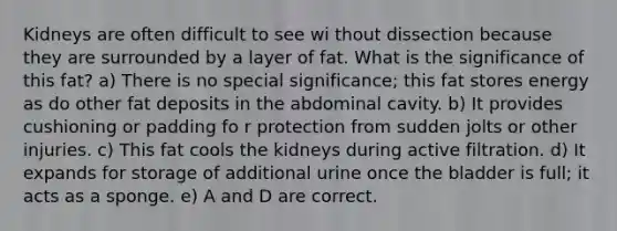 Kidneys are often difficult to see wi thout dissection because they are surrounded by a layer of fat. What is the significance of this fat? a) There is no special significance; this fat stores energy as do other fat deposits in the abdominal cavity. b) It provides cushioning or padding fo r protection from sudden jolts or other injuries. c) This fat cools the kidneys during active filtration. d) It expands for storage of additional urine once the bladder is full; it acts as a sponge. e) A and D are correct.