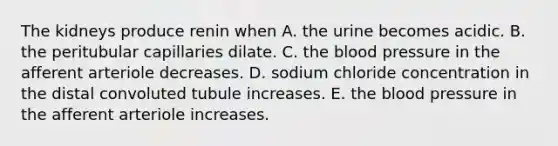 The kidneys produce renin when A. the urine becomes acidic. B. the peritubular capillaries dilate. C. the blood pressure in the afferent arteriole decreases. D. sodium chloride concentration in the distal convoluted tubule increases. E. the blood pressure in the afferent arteriole increases.