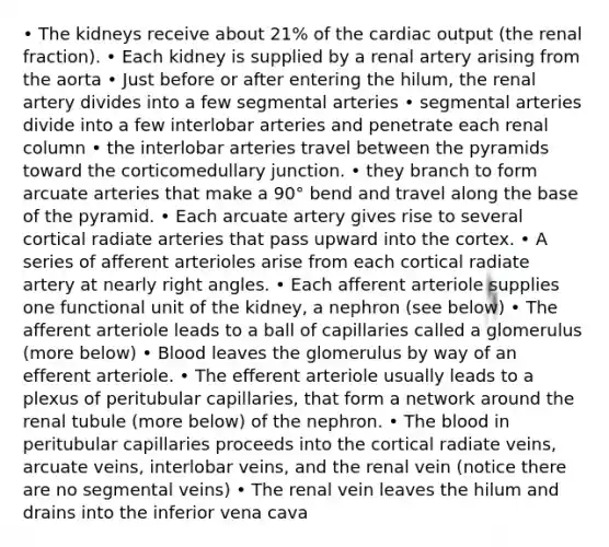 • The kidneys receive about 21% of the cardiac output (the renal fraction). • Each kidney is supplied by a renal artery arising from the aorta • Just before or after entering the hilum, the renal artery divides into a few segmental arteries • segmental arteries divide into a few interlobar arteries and penetrate each renal column • the interlobar arteries travel between the pyramids toward the corticomedullary junction. • they branch to form arcuate arteries that make a 90° bend and travel along the base of the pyramid. • Each arcuate artery gives rise to several cortical radiate arteries that pass upward into the cortex. • A series of afferent arterioles arise from each cortical radiate artery at nearly right angles. • Each afferent arteriole supplies one functional unit of the kidney, a nephron (see below) • The afferent arteriole leads to a ball of capillaries called a glomerulus (more below) • Blood leaves the glomerulus by way of an efferent arteriole. • The efferent arteriole usually leads to a plexus of peritubular capillaries, that form a network around the renal tubule (more below) of the nephron. • The blood in peritubular capillaries proceeds into the cortical radiate veins, arcuate veins, interlobar veins, and the renal vein (notice there are no segmental veins) • The renal vein leaves the hilum and drains into the inferior vena cava