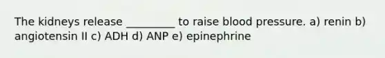 The kidneys release _________ to raise blood pressure. a) renin b) angiotensin II c) ADH d) ANP e) epinephrine