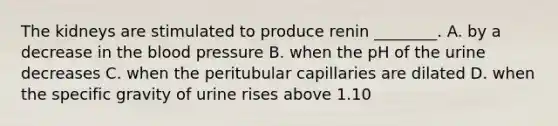 The kidneys are stimulated to produce renin ________. A. by a decrease in the blood pressure B. when the pH of the urine decreases C. when the peritubular capillaries are dilated D. when the specific gravity of urine rises above 1.10