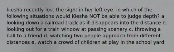 kiesha recently lost the sight in her left eye. in which of the following situations would Kiesha NOT be able to judge depth? a. looking down a railroad track as it disappears into the distance b. looking out for a train window at passing scenery c. throwing a ball to a friend d. watching two people approach from different distances e. watch a crowd of children at play in the school yard