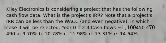 Kiley Electronics is considering a project that has the following cash flow data. What is the project's IRR? Note that a project's IRR can be less than the WACC (and even negative), in which case it will be rejected. Year 0 1 2 3 Cash flows −1,100450 470490 a. 9.70% b. 10.78% c. 11.98% d. 13.31% e. 14.64%