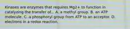 Kinases are enzymes that requires Mg2+ to function in catalyzing the transfer of... A. a methyl group. B. an ATP molecule. C. a phosphoryl group from ATP to an acceptor. D. electrons in a redox reaction.