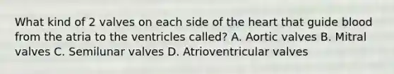 What kind of 2 valves on each side of the heart that guide blood from the atria to the ventricles called? A. Aortic valves B. Mitral valves C. Semilunar valves D. Atrioventricular valves