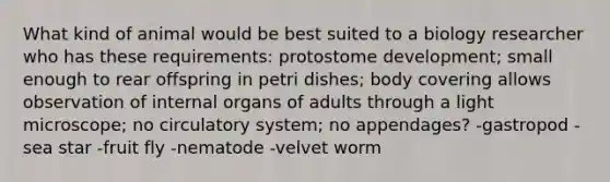 What kind of animal would be best suited to a biology researcher who has these requirements: protostome development; small enough to rear offspring in petri dishes; body covering allows observation of internal organs of adults through a light microscope; no circulatory system; no appendages? -gastropod -sea star -fruit fly -nematode -velvet worm