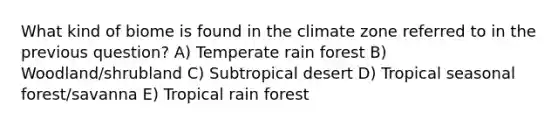 What kind of biome is found in the climate zone referred to in the previous question? A) Temperate rain forest B) Woodland/shrubland C) Subtropical desert D) Tropical seasonal forest/savanna E) Tropical rain forest