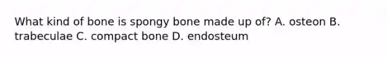 What kind of bone is spongy bone made up of? A. osteon B. trabeculae C. compact bone D. endosteum