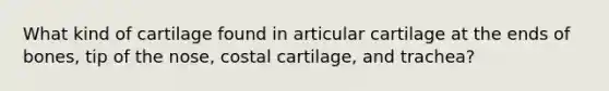 What kind of cartilage found in articular cartilage at the ends of bones, tip of the nose, costal cartilage, and trachea?