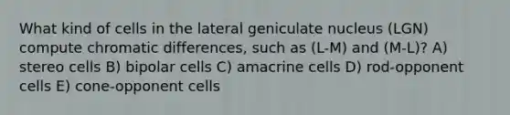 What kind of cells in the lateral geniculate nucleus (LGN) compute chromatic differences, such as (L-M) and (M-L)? A) stereo cells B) bipolar cells C) amacrine cells D) rod-opponent cells E) cone-opponent cells