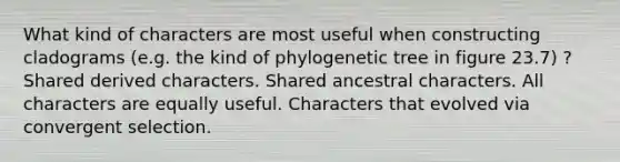 What kind of characters are most useful when constructing cladograms (e.g. the kind of phylogenetic tree in figure 23.7) ? Shared derived characters. Shared ancestral characters. All characters are equally useful. Characters that evolved via convergent selection.