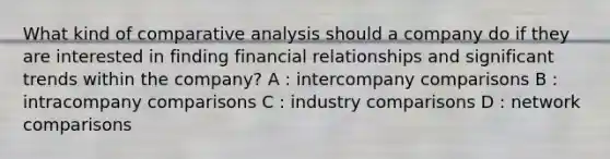 What kind of comparative analysis should a company do if they are interested in finding financial relationships and significant trends within the company? A : intercompany comparisons B : intracompany comparisons C : industry comparisons D : network comparisons