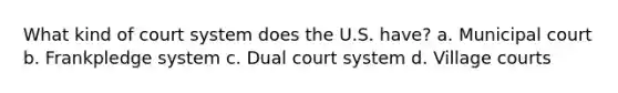 What kind of court system does the U.S. have? a. Municipal court b. Frankpledge system c. Dual court system d. Village courts