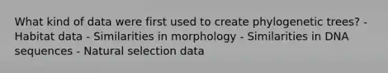 What kind of data were first used to create phylogenetic trees? - Habitat data - Similarities in morphology - Similarities in DNA sequences - Natural selection data